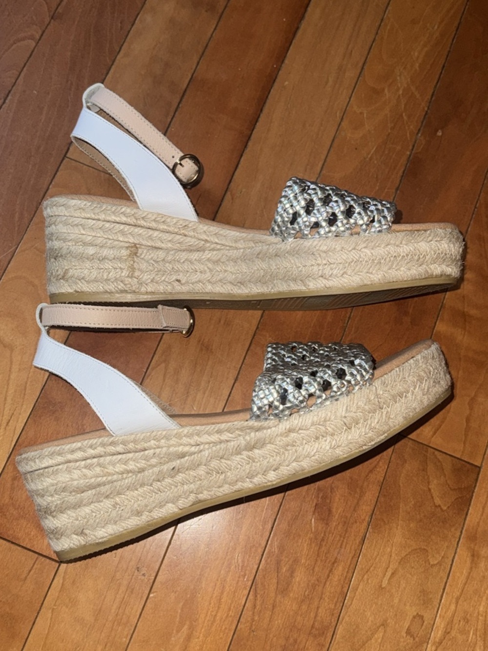 White and Silver Espadrille Wedge Sandals with Braided Metallic Toe